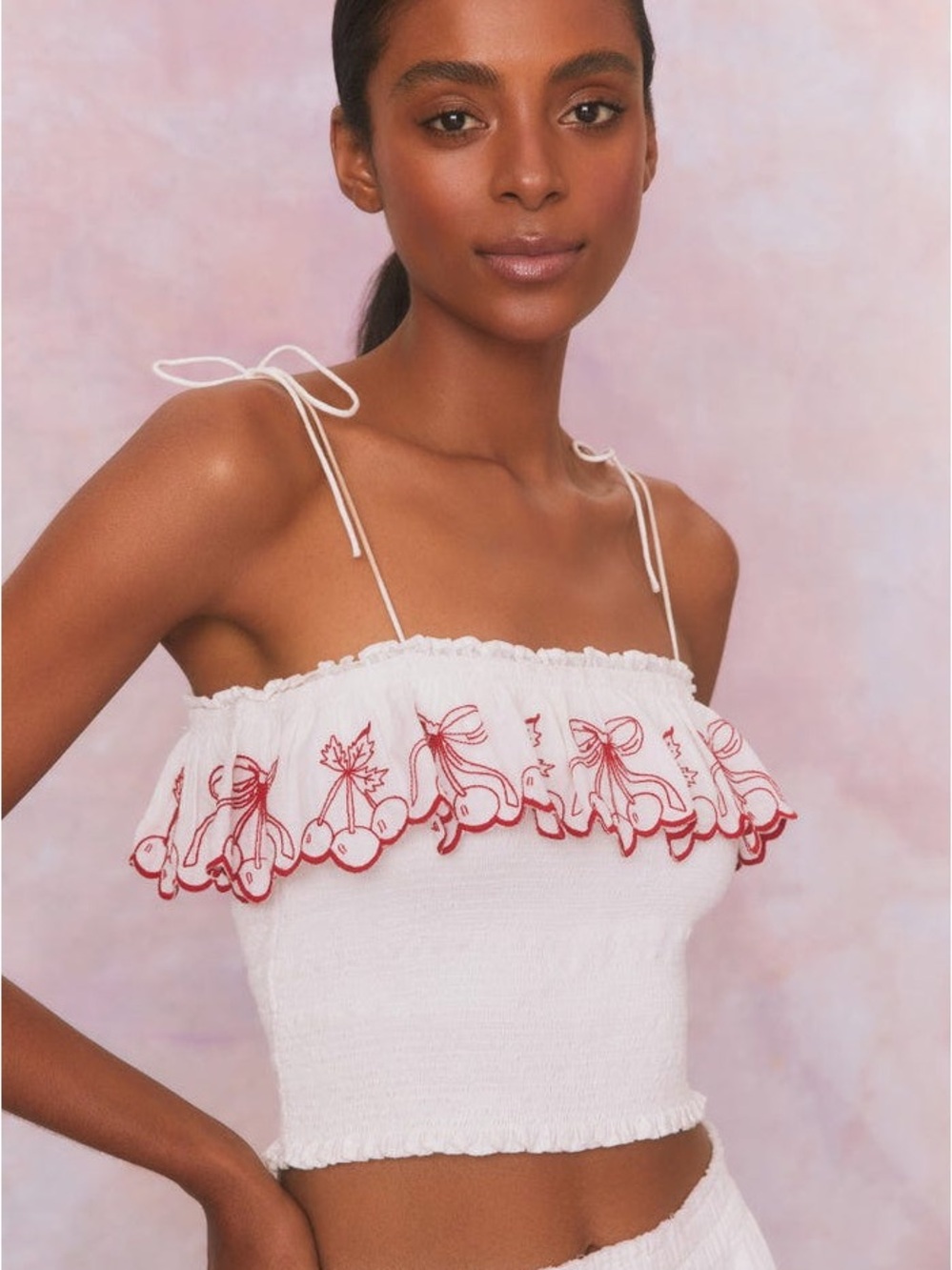 Love Shack Fancy Carletta Cherry Embroidered Smocked Top